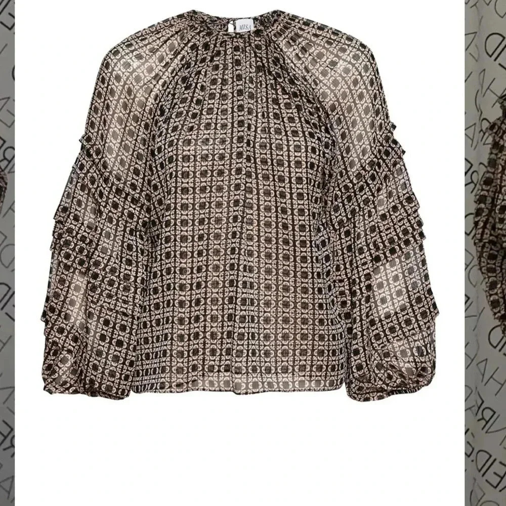 Victoire Blouson-Sleeve Ruffled Geo-Print Top